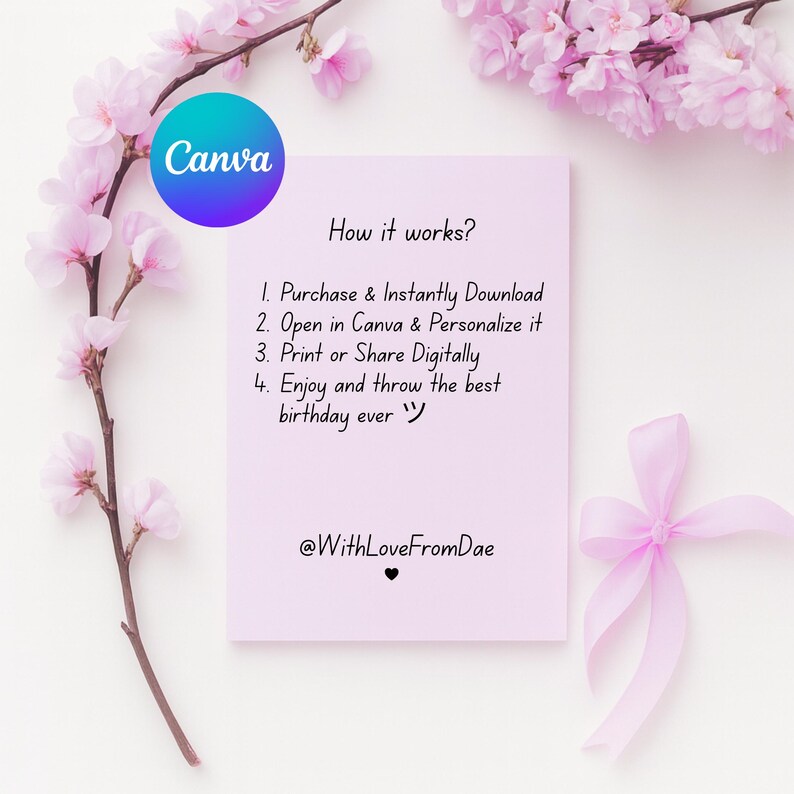 May include: A light purple card with the Canva logo and text that reads "How it works?" followed by instructions. The card is decorated with pink flowers and a pink ribbon.