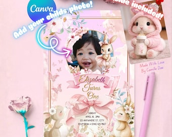 Bunny 1st Birthday Invitation Template, Editable Canva Invite, Baby Bunny Birthday Party, Some Bunny Is One, Printable Instant Download