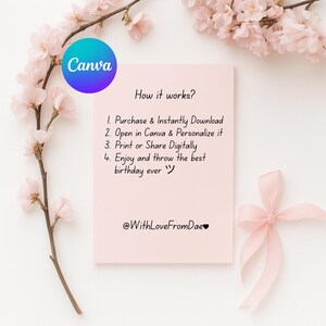 May include: A pink card with the Canva logo and text that reads "How it works?" followed by instructions for use. The card is decorated with pink flowers and a pink ribbon.