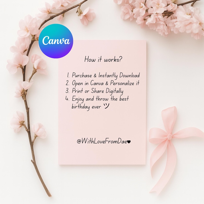 May include: A pink card with the Canva logo and text that reads "How it works?" followed by instructions for use. The card is decorated with pink flowers and a pink ribbon.