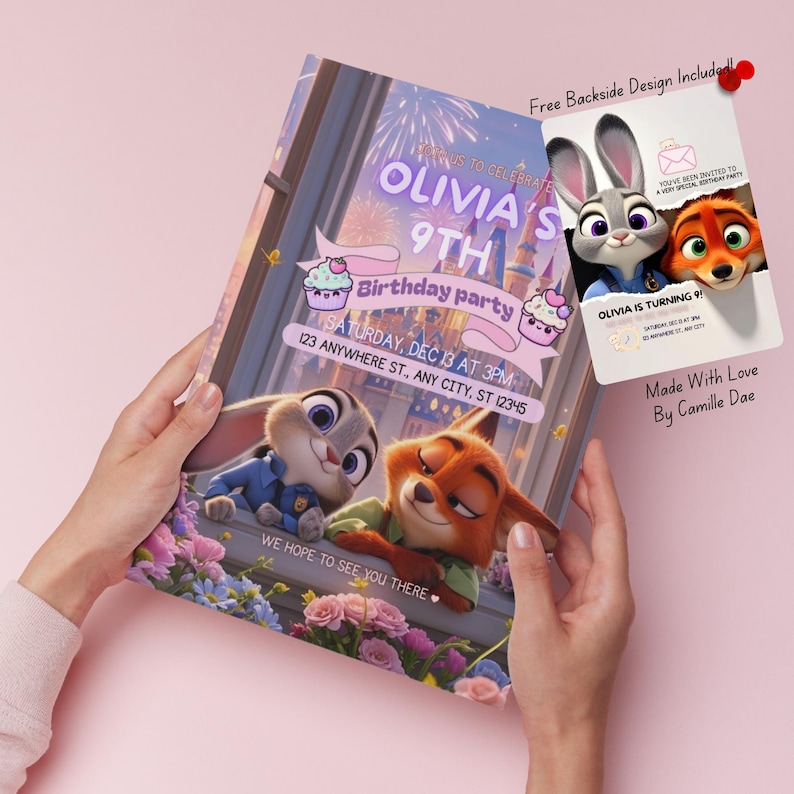 May include: A birthday party invitation featuring Judy Hopps and Nick Wilde from Zootopia. The invitation includes the text "OLIVIA'S 9TH Birthday party" with the date and time. A smaller card shows the characters and the text "OLIVIA IS TURNING 9!"