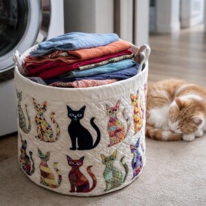 Panier à linge matelassé chat coloré, panier en tissu chat patchwork, joli bac de rangement chaton pour vêtements, cadeau pour amoureux des animaux de compagnie, décoration de chambre d'enfant