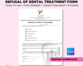 Editable Dental Refusal Form Template | Printable Patient Refusal of Dental Treatment | Decline Consent | Dentist Document