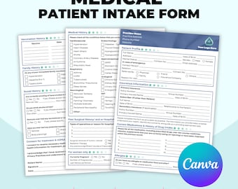 Puede incluir: Plantillas de formulario de admisión médica para pacientes. Incluye secciones de historial médico, familiar e información del seguro. Con logotipo de Canva y tamaño A4 (21 x 29,7 cm).