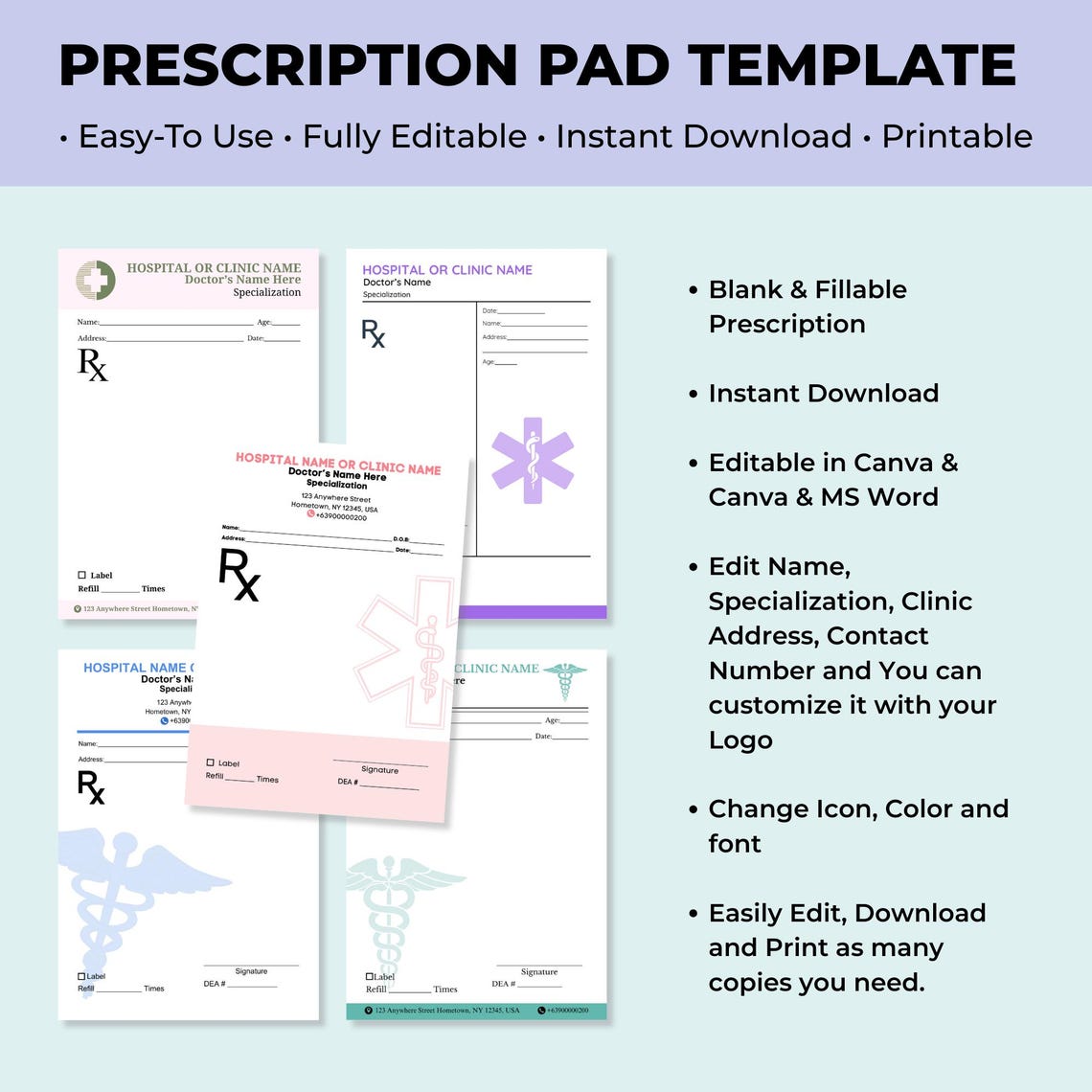 Plantilla de recetario editable/Formulario médico imprimible (PDF y ...