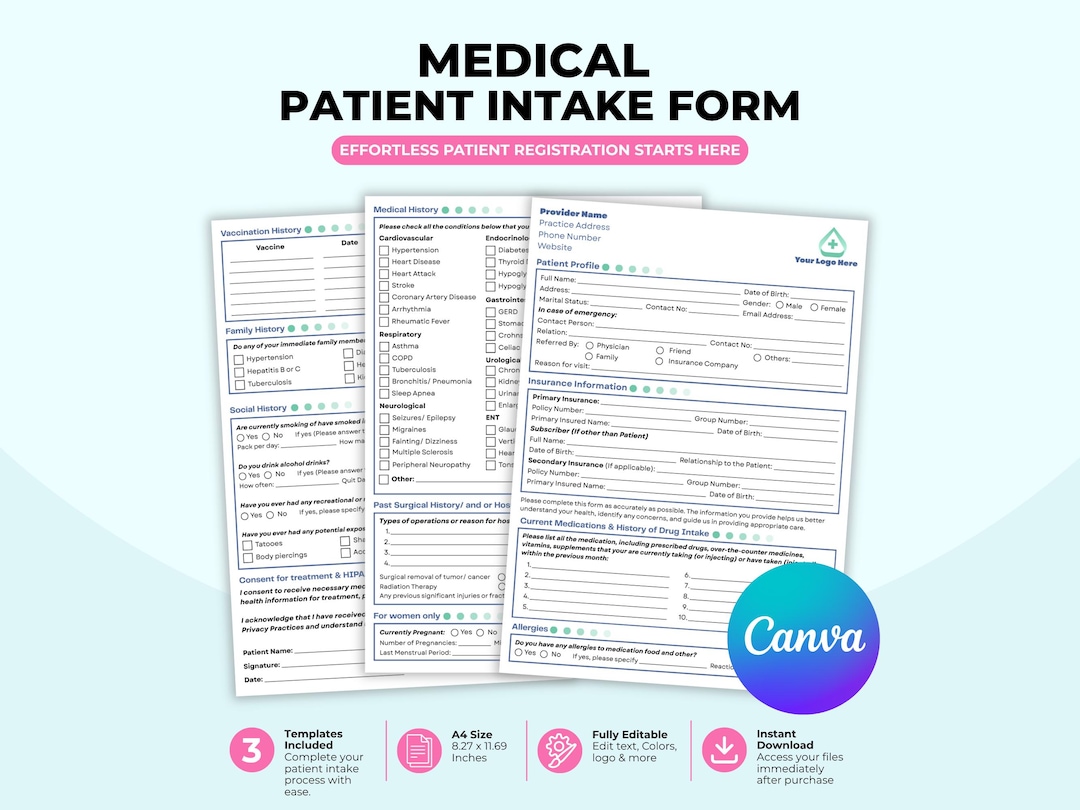 Medical Patient Intake Form Template | Editable New Patient ...