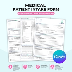 May include: A medical patient intake form template set featuring sections for vaccination history, family history, social history, medical history, provider details, patient profile, insurance information, and current medications in A4 size.