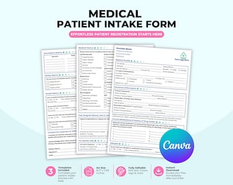 May include: A medical patient intake form template set featuring sections for vaccination history, family history, social history, medical history, provider details, patient profile, insurance information, and current medications in A4 size.