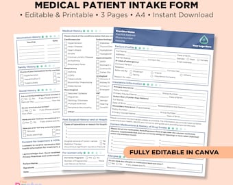 Fully Editable Medical Patient Intake Form Template | Printable Clinic Registration Form | Health History Questionnaire | Healthcare Sheet