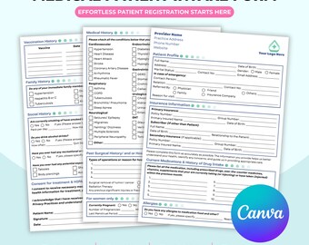 Pode incluir: Um conjunto de modelos de formulário de admissão médica para pacientes com seções para perfil, seguro, histórico médico, vacinação, família, histórico social e medicamentos, em tamanho A4 de 21,0 x 29,7 cm.