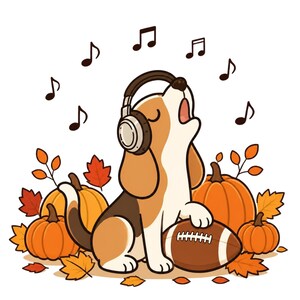 Könnte beinhalten: Ein Beagle-Welpe als Cartoon-Figur trägt braun-silberne Kopfhörer und heult mit offenem Maul. Der Welpe sitzt zwischen orangefarbenen Kürbissen und herbstlichen Blättern, eine Pfote ruht auf einem braun-weißen Football, während Musiknoten schweben.