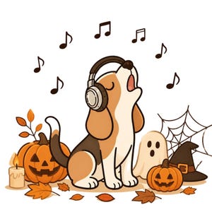 Puede incluir: Un beagle de dibujos animados con auriculares marrones aullando con notas musicales flotando encima. La escena incluye dos calabazas de Halloween, una vela encendida, un pequeño fantasma, un sombrero de bruja, una telaraña y hojas de otoño esparcidas.