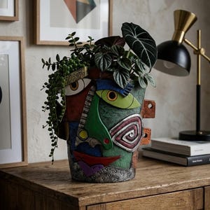 May include: A cylindrical planter featuring a multi-colored, abstract face design with raised relief elements, including a green nose, a spiral eye, and a red mouth. The planter holds a trailing green plant with dark, textured leaves.