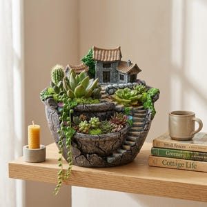 May include: A tiered, gray, stone-textured planter featuring a miniature house with a brown roof, a stone staircase, and various green succulents including a trailing string of pearls and a small cactus, all arranged in a tiered landscape design.