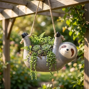 May include: A gray ceramic sloth-shaped hanging planter suspended by a thick jute rope. The planter features a smiling sloth face with dark brown eye patches and contains a variety of green succulents, small ferns, and trailing string of pearls.