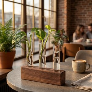 Plant Propagation Station, Glass Tube Vase with Wooden Stand, Wall Hanging Hydroponic Planter, Indoor Plant Decor