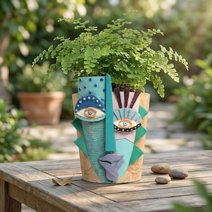 May include: A ceramic planter shaped like a stylized face with a textured tan base. The face features a teal nose, a purple mouth, and eyes with blue and pink accents. A green fern plant grows from the top of the vessel, which has a flat rim.