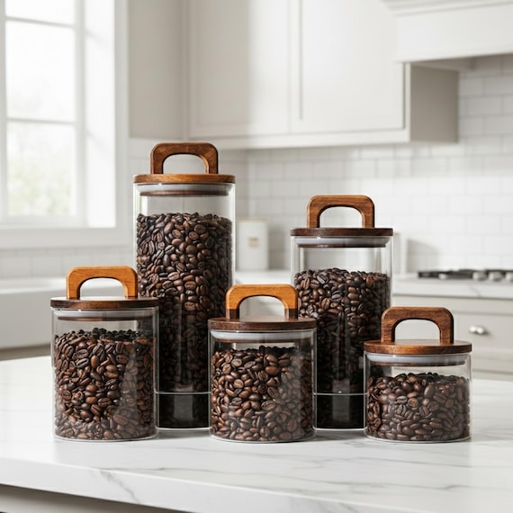 Airtight Glass Storage Jars with Wood Lid – Coffee Bean Container, Tea Canister, Kitchen Pantry Organizer, Food Storage Jar