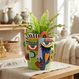 May include: A ceramic planter featuring a multi-coloured abstract face design with a green and blue base. The face includes raised elements like a red mouth, a yellow eye with black lashes, a purple nose, and a heart shape. A green plant grows inside.