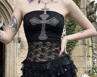 Top negro sin tirantes / Diseño de encaje oscuro transparente / Conjunto gótico / Estilo grunge Y2K Streetwear