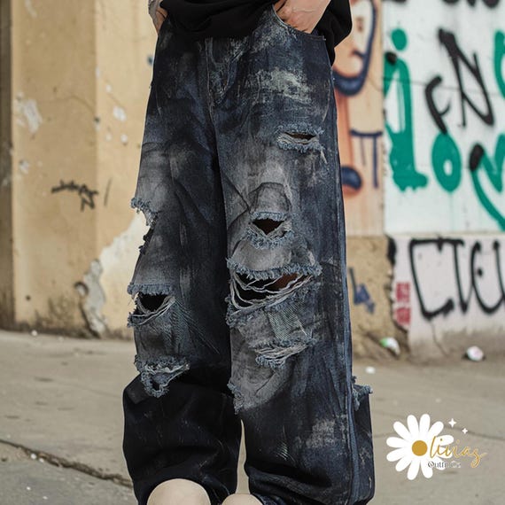 wide leg men's ripped jeans relaxed fit