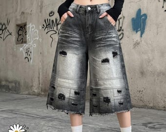 Distressed Denim Short | Wide Leg Cropped Jeans | Daily Wear | Y2K Streetwear Style