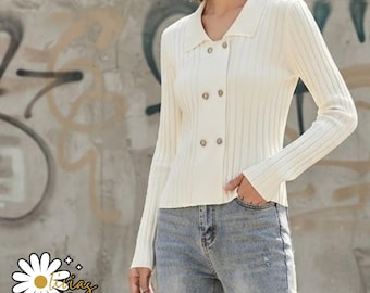 Ribbed Button Cardigan | Collar Long Sleeve Sweater | Cozy Top | Warm Winter Outerwear