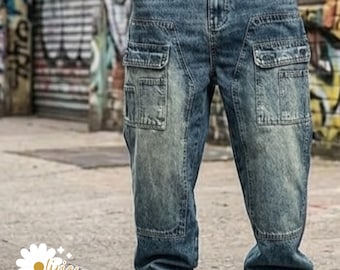 Jeansy męskie z prostymi nogawkami | Luźne spodnie cargo | Styl retro streetwear | Trend Y2K