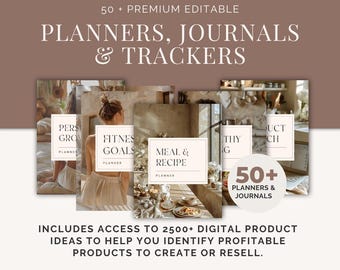 Más de 50 planificadores, rastreadores y diarios editables / Productos digitales PLR y MRR / Rebranding y reventa / Plantillas de Canva
