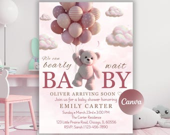 Teddy Bear Baby Shower Invitation, Bearly Wait Invite, Girl Baby Shower, Editable Template Canva, Pink Balloon Invitation, Digital Download