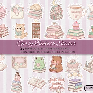 Bookish Girlie PNGバンドル、Bookish昇華、読書好きのクリップアート、かわいいBookishステッカー、Bookishピンクのデジタルステッカー、印刷可能なステッカー