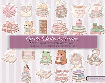 Bookish Girlie PNG Bundle, Bookish Sublimation, Book Lover Clipart, Cute Bookish Sticker, Bookish Pink Digital Sticker, printable stickers
