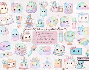 Kawaii School Supplies Clipart, Pastel School Sticker PNG, Stationery Bundle, Back to School Graphics, Planner Sticker, Digital Scrapbooking