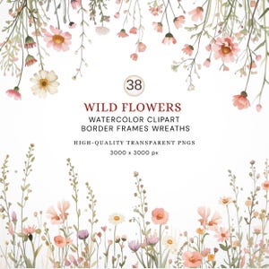 Puede incluir: Ilustración en acuarela de flores silvestres en tonos rosa, melocotón y blanco. La imagen incluye marcos y coronas, con el texto "WILD FLOWERS" y otros detalles. PNG transparentes de alta calidad, 3000 x 3000 px.