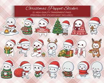 Christmas puppet Kawaii Clipart, Cute Holiday Stickers, Digital Download PNG SVG PDF, Instant Christmas Printable Art Santa Reindeer Snowman