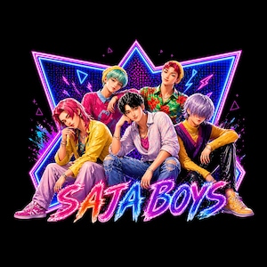 Könnte beinhalten: Digitale Illustration von fünf jungen Leuten in farbenfrohen Outfits, die vor einem Neonstern sitzen. Der Text "SAJA BOYS" wird in einer leuchtenden, mehrfarbigen Schrift angezeigt. Der Hintergrund ist schwarz.