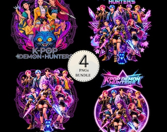 Huntrix Kpop Demon Hunters PNG bundle, 4 Kpop PNG Clipart, Girl Dinner Png, Saja Boys, Kpop Huntrix png, Sublimation Design, Transparent BG