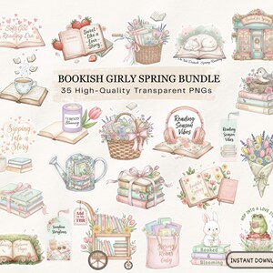 Può includere: Una collezione di illustrazioni ad acquerello con tema primaverile e di lettura. Le immagini includono libri, fiori, un coniglietto, una rana e testo come "Bookish Girly Spring Bundle" e "Reading Season Vibes".
