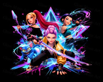 Kpop Inspired Demon Hunter Anime PNG, Huntrix Neon K-Pop, Saja Girls Fan Art Clipart, Kpop Sublimation Design, Demon Hunter Digital Download