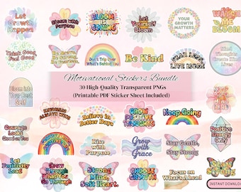 May include: A bundle of colourful motivational stickers featuring floral, butterfly, and rainbow designs, with phrases such as "Bloom is Coming" and "Be Kind." These are transparent PNG stickers.