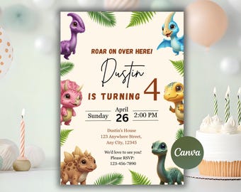 Dinosaur Birthday Invitation, Boy Dino Birthday Invite, Editable Canva, Roar Birthday Invitation, Digital Download, Dinosaur Party DIY