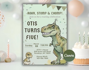Dinosaur Birthday Invitation, Roar Stomp Chomp Invite, Boy Birthday Invitation, Editable Template Canva, T-Rex Party, Digital Download DIY