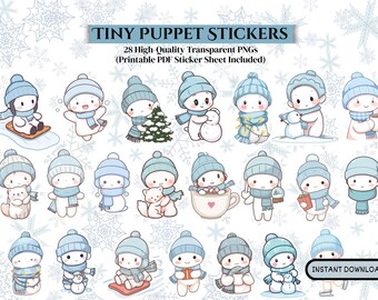 Tiny Puppet winterstickers, digitale sticker, winterafdrukbaar, plannerstickers, winterstickers, Bullet Journal-stickers, vakantiesticker