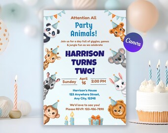 Party Animal Invitation, Jungle Birthday Invite, Editable Safari Birthday Invitation, Digital Zoo Animal 2nd Birthday Evite, Canva Template