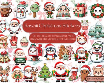 Pegatinas navideñas, imágenes prediseñadas navideñas kawaii, imágenes PNG de vacaciones, Papá Noel, reno, muñeco de nieve, imágenes PNG navideñas lindas, imágenes prediseñadas navideñas