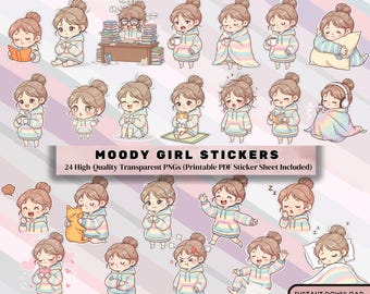 Pegatinas de chica de mal humor, emociones de chica linda, pegatinas kawaii para agenda, clipart digital PNG, descarga digital, estética femenina, pegatina imprimible