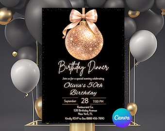 Birthday Dinner Invitation, Adult Birthday Invite, Gold Glitter Party, Editable Template Canva, Black and Gold Invite, Digital Download DIY
