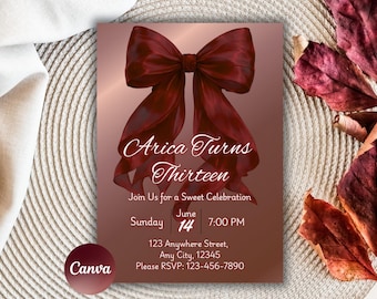 Faire-part d'anniversaire noeud, faire-part fille rose rouge, invitation anniversaire ado, modèle modifiable toile, noeud coquette, téléchargement numérique