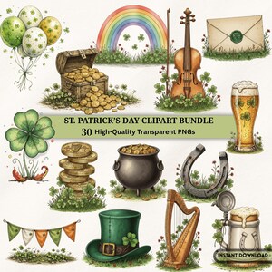 May include: A digital clipart bundle with St. Patrick's Day themes. It includes a rainbow, violin, treasure chest with gold coins, a green top hat, a harp, a horseshoe, and a beer mug. The text reads "ST. PATRICK'S DAY CLIPART BUNDLE".