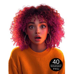 Może przedstawiać: Cyfrowa ilustracja osoby z jasnoróżowymi kręconymi włosami i dużymi złotymi kolczykami w kształcie obręczy. Osoba ma na sobie pomarańczowy sweter i zaskoczoną minę. Obraz zawiera tekst "40 HIGH-QUALITY TRANSPARENT PNGs".